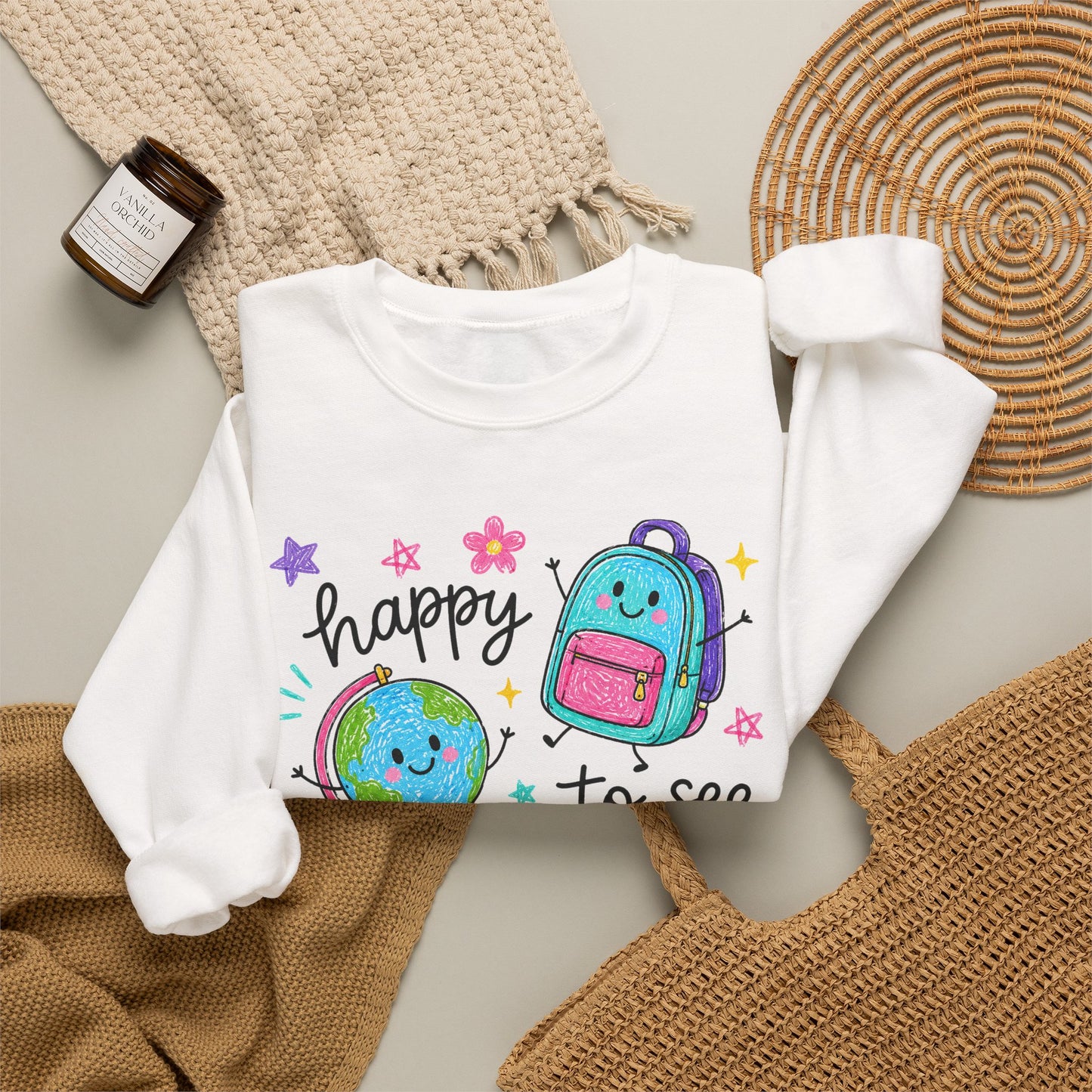 "Happy to See Your Face" Cute Kawaii School Icons Crewneck Sweatshirt
