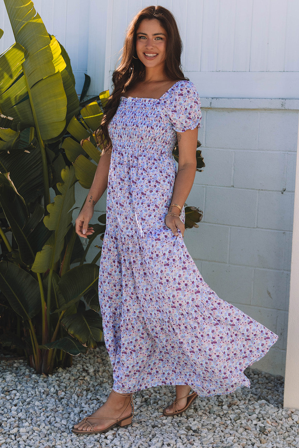Purple Floral Short Bubble Sleeve Shirred High Waist Maxi Dress Daisie Boutique
