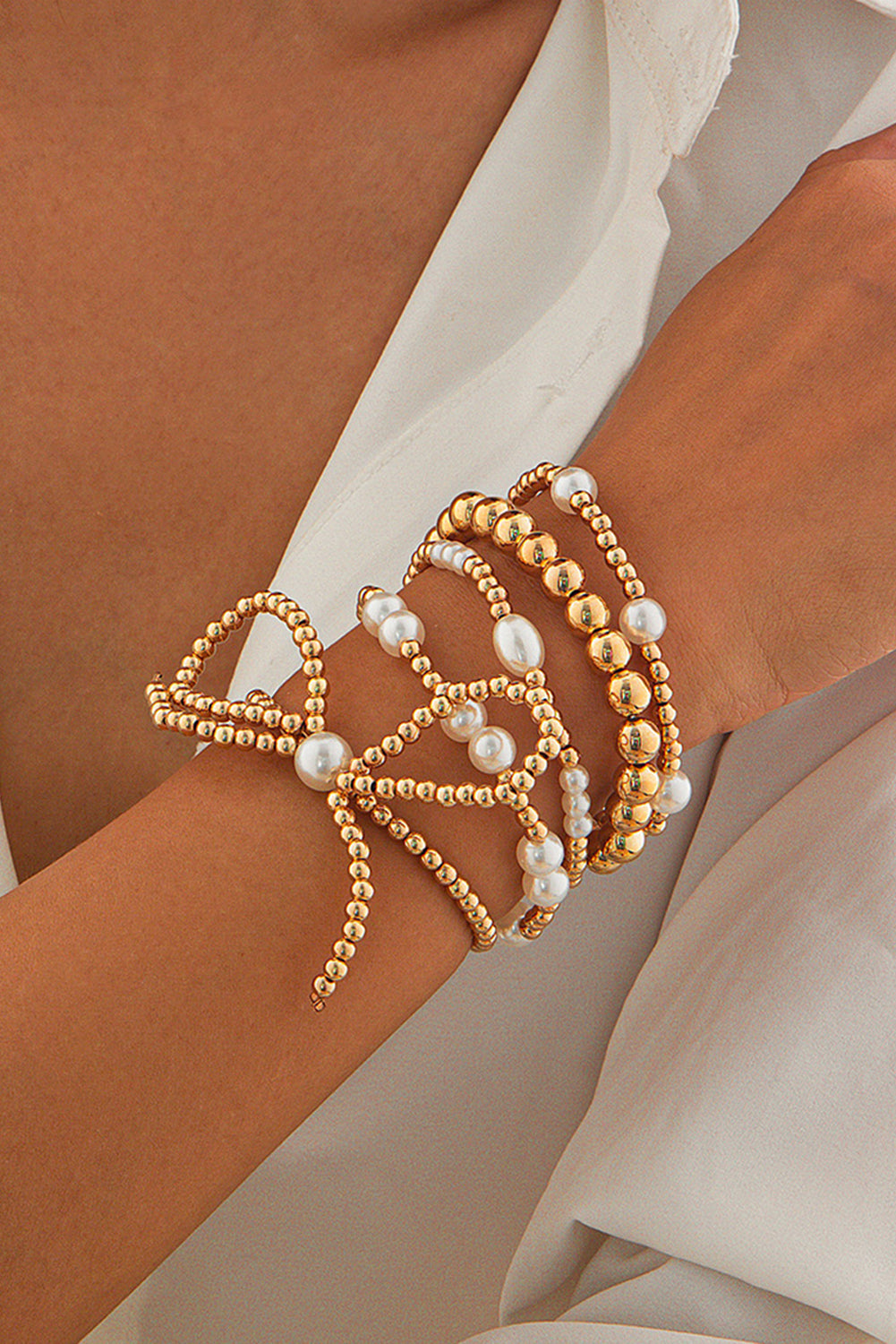 Gold Bow Knot Pearl Beaded Multi Layered Bracelet Daisie Boutique