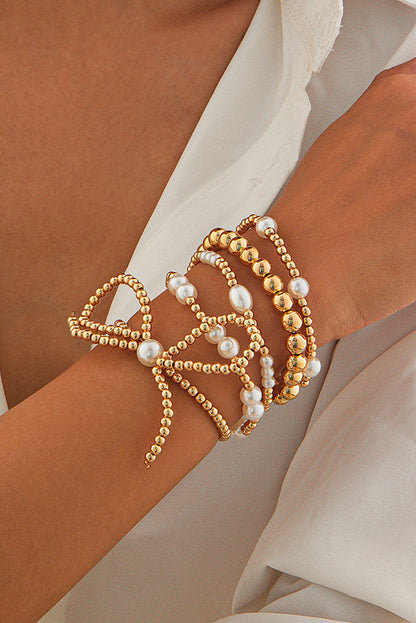 Gold Bow Knot Pearl Beaded Multi Layered Bracelet Daisie Boutique