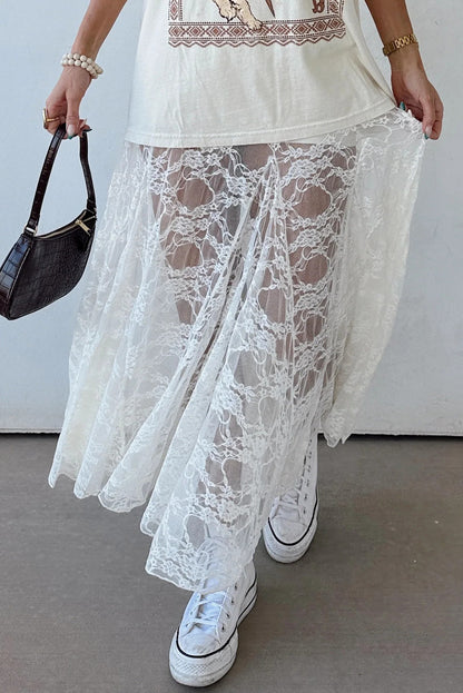 White Sheer Lace Flowy Maxi Skirt