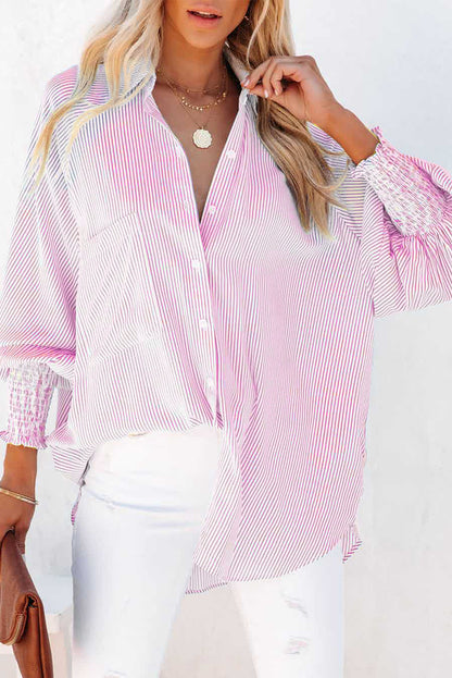 Smocked Cuffed Striped Boyfriend Button Up Shirt with Pocket Daisie Boutique