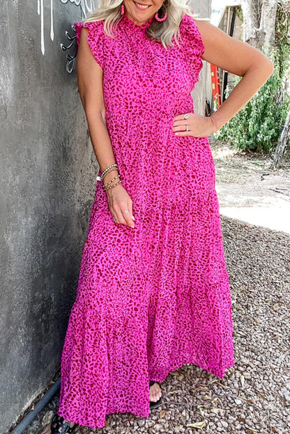 Leopard Print Ruffled Tiered Maxi Dress - Rose Red Daisie Boutique
