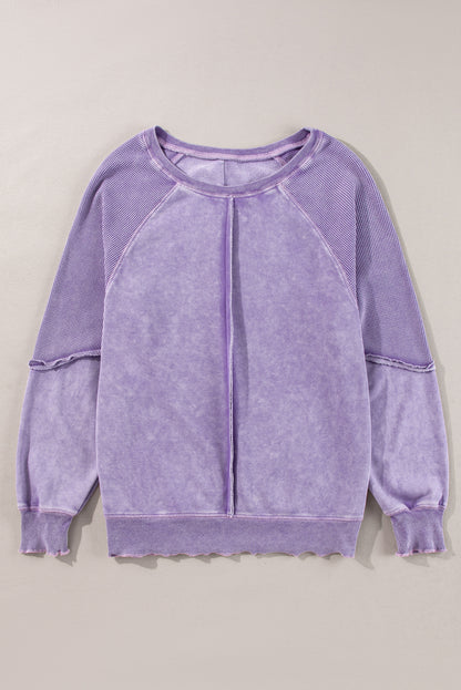 Orchid Petal Solid Waffle Knit Patchwork Raglan Sleeve Sweatshirt Daisie Boutique