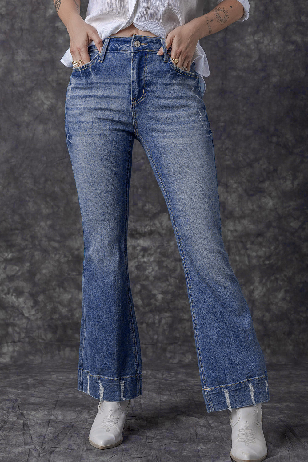 Distressed Medium Wash Flare Jeans Daisie Boutique
