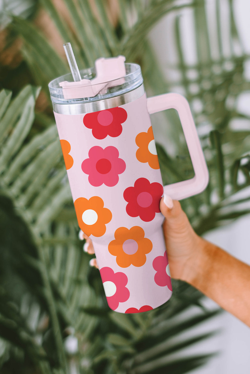 Multicolor Flower Print Handled Stainless Steel Vacuum Cup 40oz Daisie Boutique