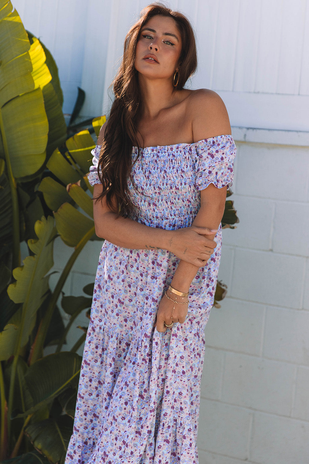 Purple Floral Short Bubble Sleeve Shirred High Waist Maxi Dress Daisie Boutique