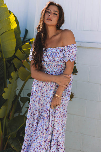 Purple Floral Short Bubble Sleeve Shirred High Waist Maxi Dress Daisie Boutique