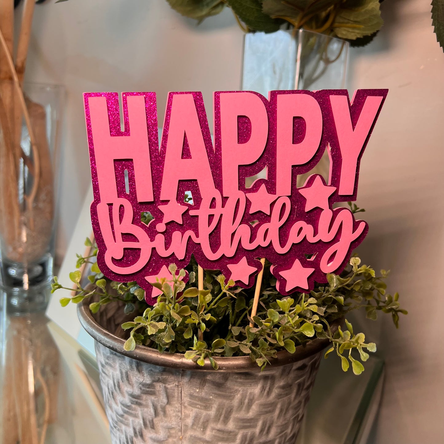 Happy Birthday Pink Sparkle Cake Topper