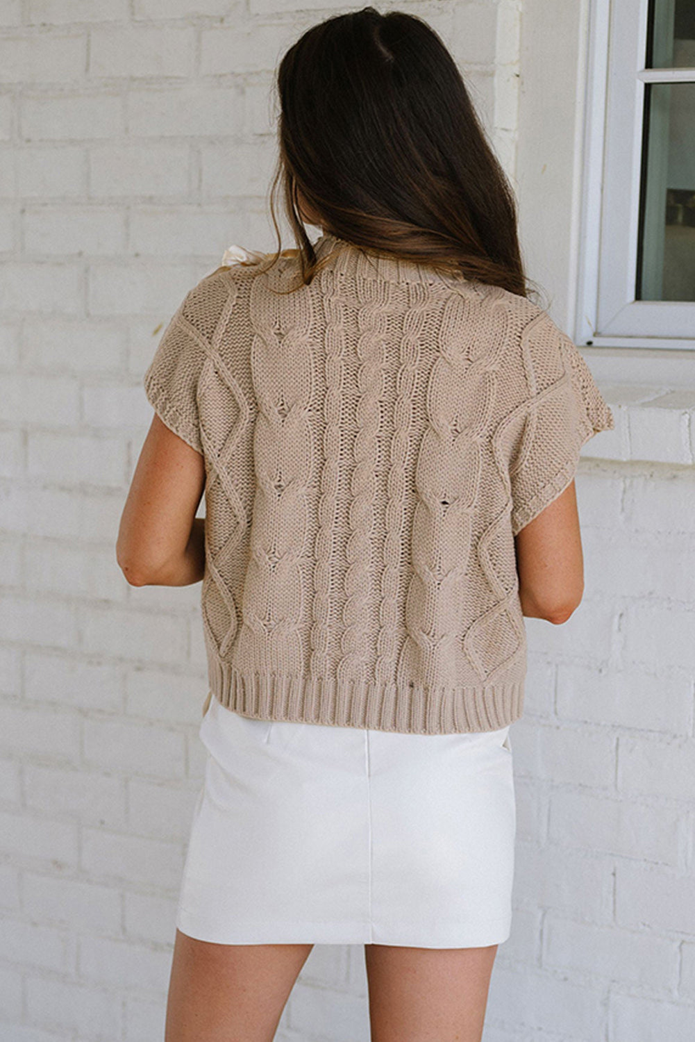 Taupe Cable Knit Satin Bowknot Short Sleeve Sweater Daisie Boutique
