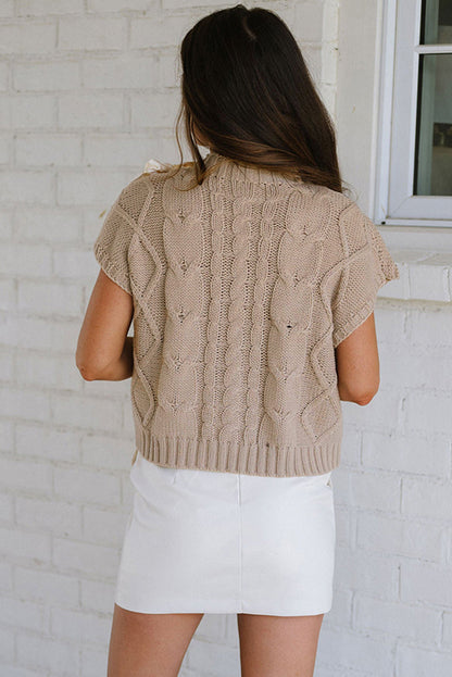 Taupe Cable Knit Satin Bowknot Short Sleeve Sweater Daisie Boutique