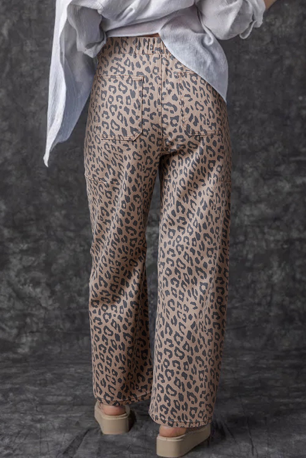 Leopard Printed Drawstring Waist Pocketed Wide Leg Jeans Daisie Boutique