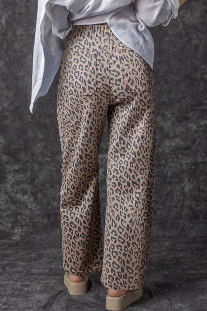 Leopard Printed Drawstring Waist Pocketed Wide Leg Jeans Daisie Boutique
