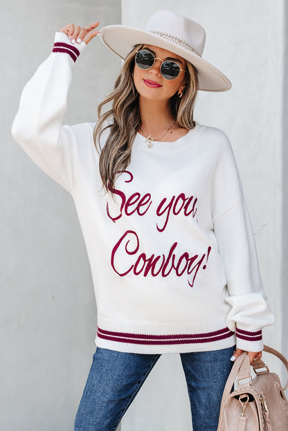 See You Cowboy Embroidered Graphic Sweater Dear-Lover Dropshipping