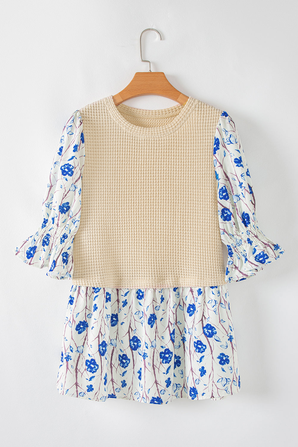 Waffle Floral Patchwork Short Flounce Sleeve Peplum Blouse Daisie Boutique