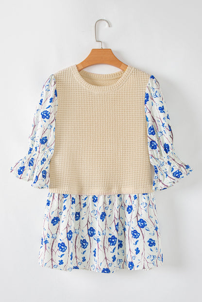 Waffle Floral Patchwork Short Flounce Sleeve Peplum Blouse Daisie Boutique