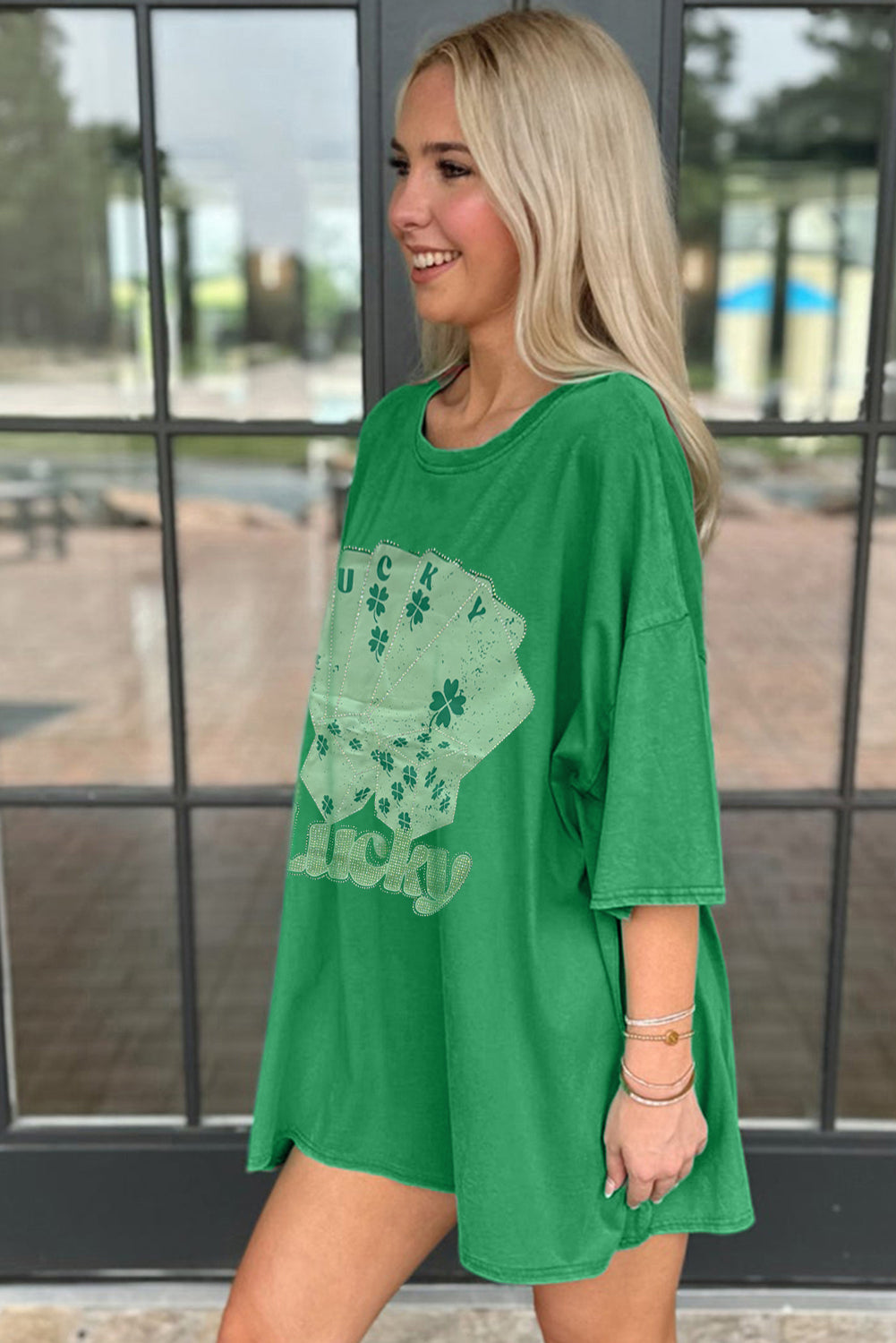 Rhinestone Lucky Poker Cards Oversized T Shirt Mini Dress - Green Daisie Boutique