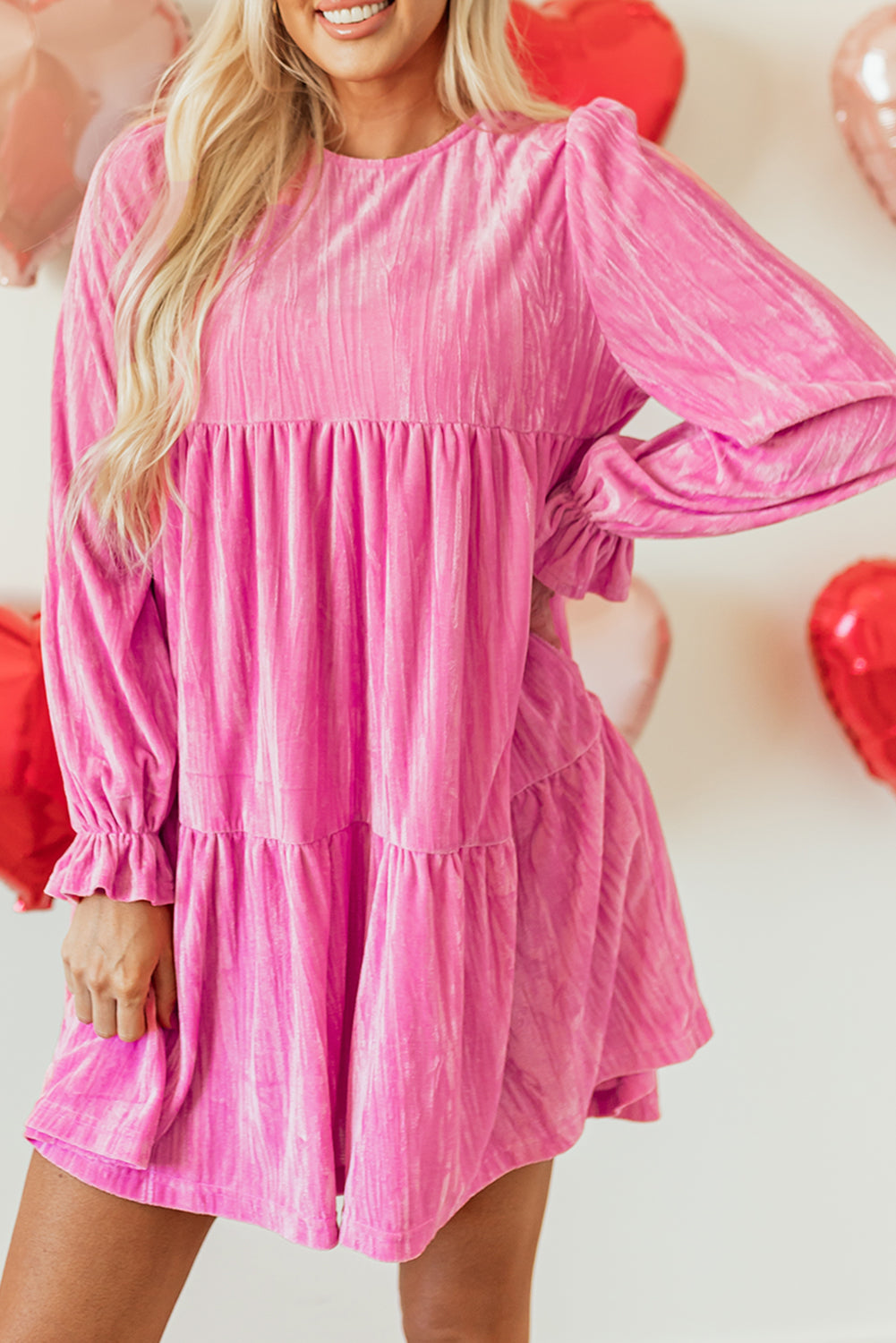 Flounce Sleeve Ruffled Velvet Mini Dress - Bubblegum Pink Daisie Boutique