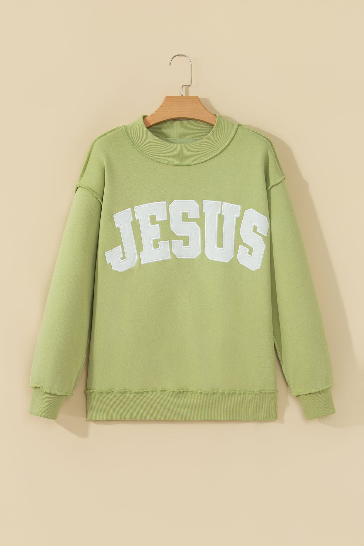 Orchid Bouquet JESUS Letter Patch Graphic Exposed Seam Mock Neck Baggy Sweatshirt