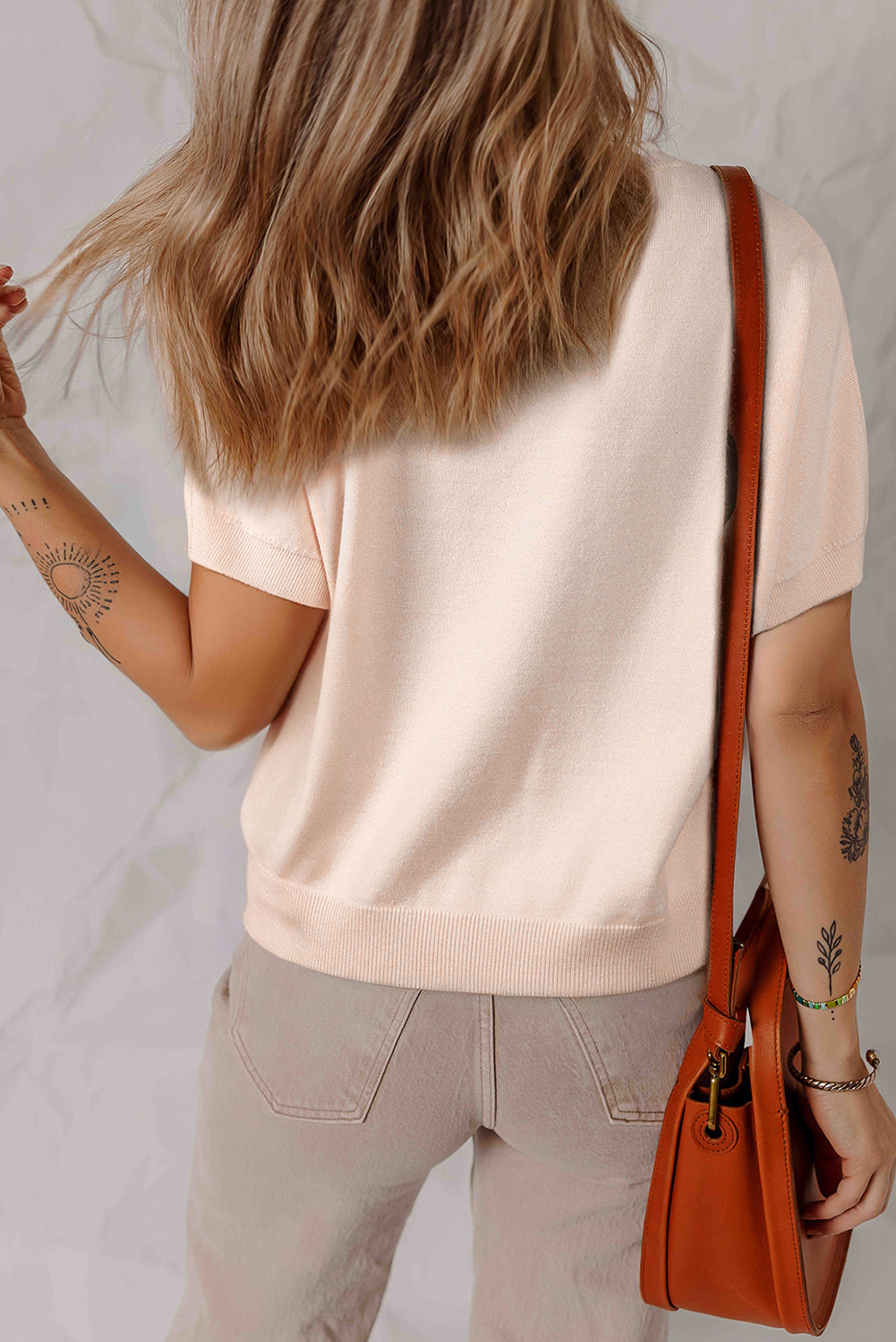 Pearl Bow Embellished Short Sleeve Sweater - Oatmeal Daisie Boutique