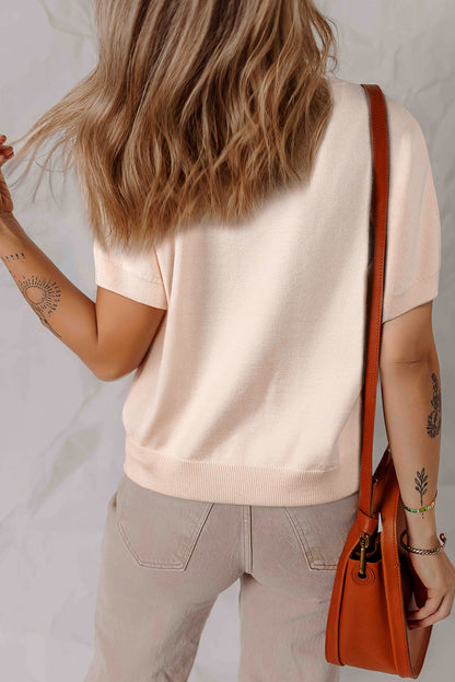 Pearl Bow Embellished Short Sleeve Sweater - Oatmeal Daisie Boutique