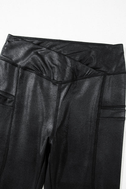 Black V Crossover High Waist Faux Leather Leggings Daisie Boutique