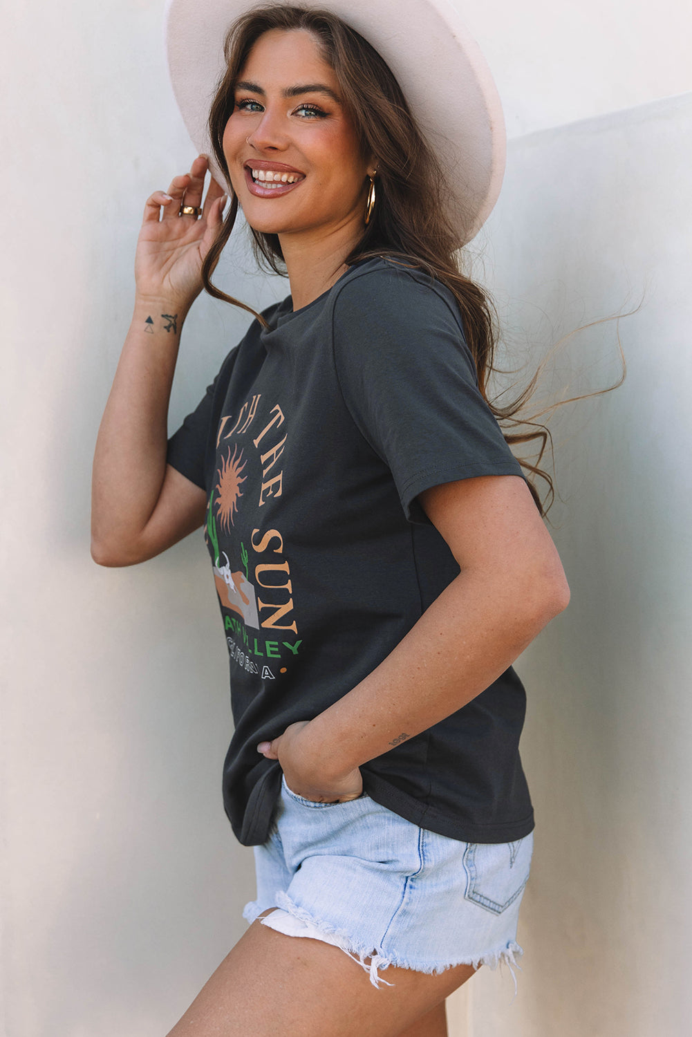 Dark Grey RISE WITH THE SUN Western Fashion Graphic Tee Daisie Boutique