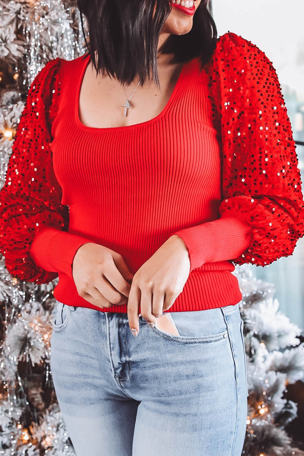 Sequin Sleeve Holiday Sweater - Red Dear-Lover Dropshipping