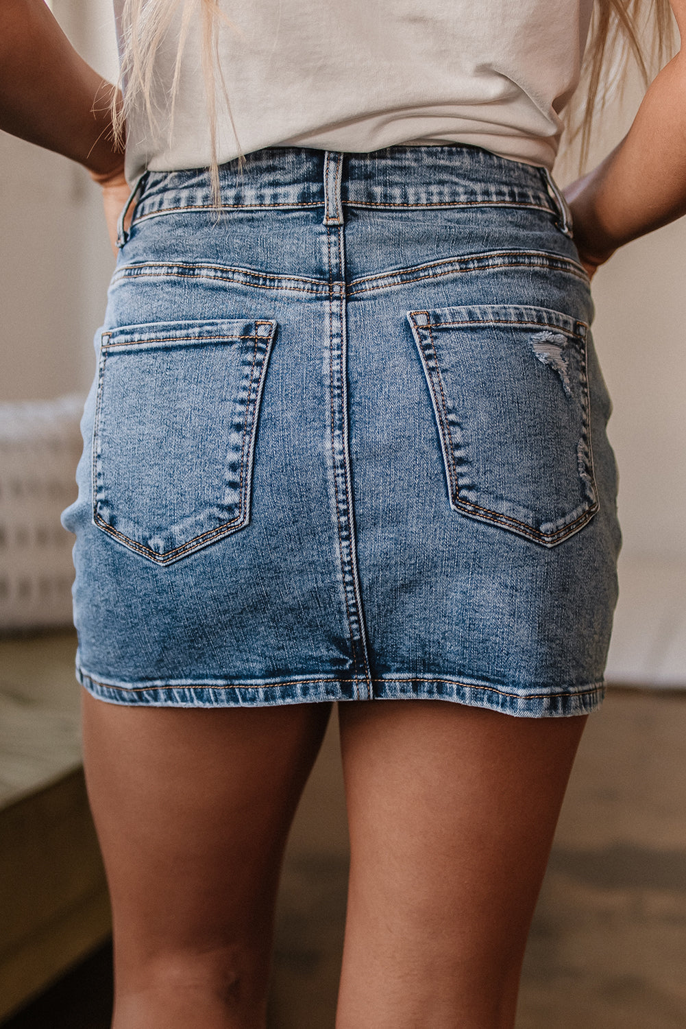 Rhinestone Distressed Denim High Waist Mini Skirt Daisie Boutique