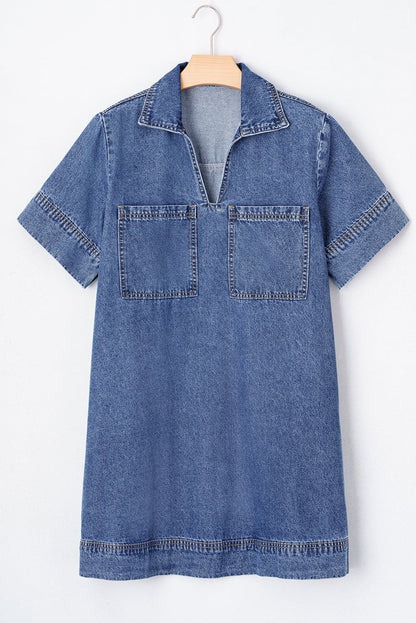 Short Sleeve Collared Pocket Denim Mini Dress Daisie Boutique