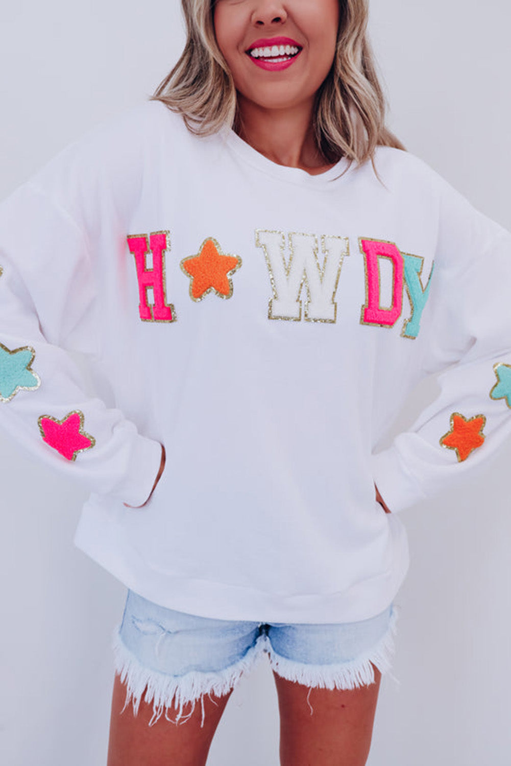 Howdy Glitter Chenille Patch Graphic Casual Sweatshirt Daisie Boutique