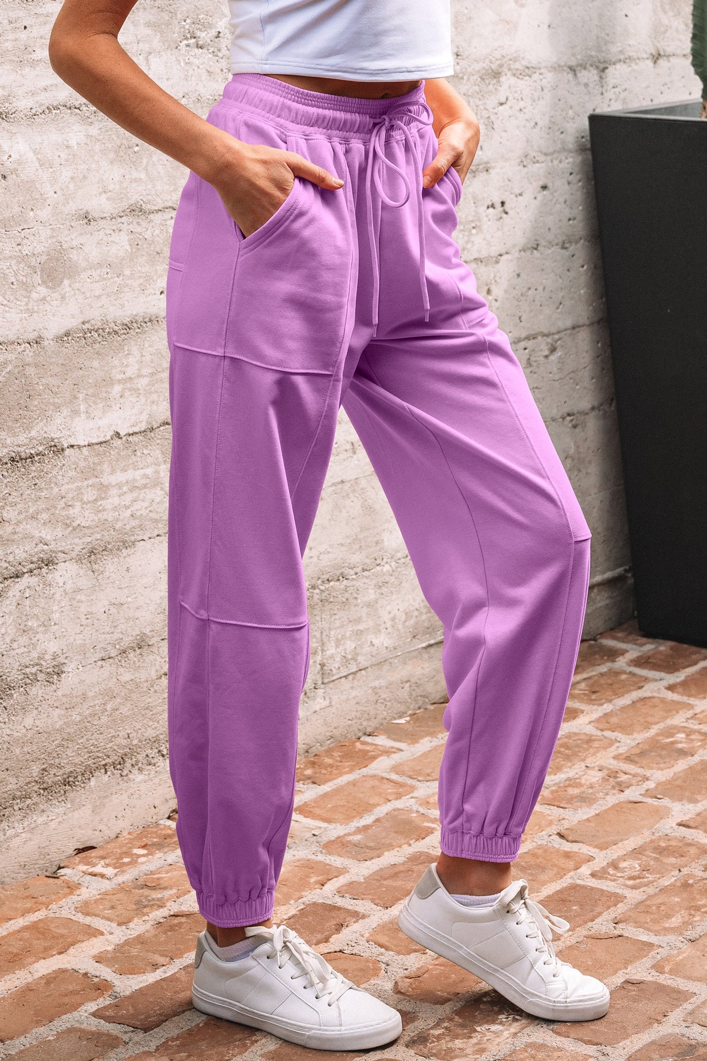 Drawstring Waist Patchwork Solid Color Jogger Pants - Lilac Dear-Lover Dropshipping