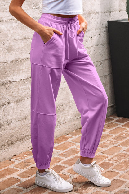 Drawstring Waist Patchwork Solid Color Jogger Pants - Lilac Dear-Lover Dropshipping