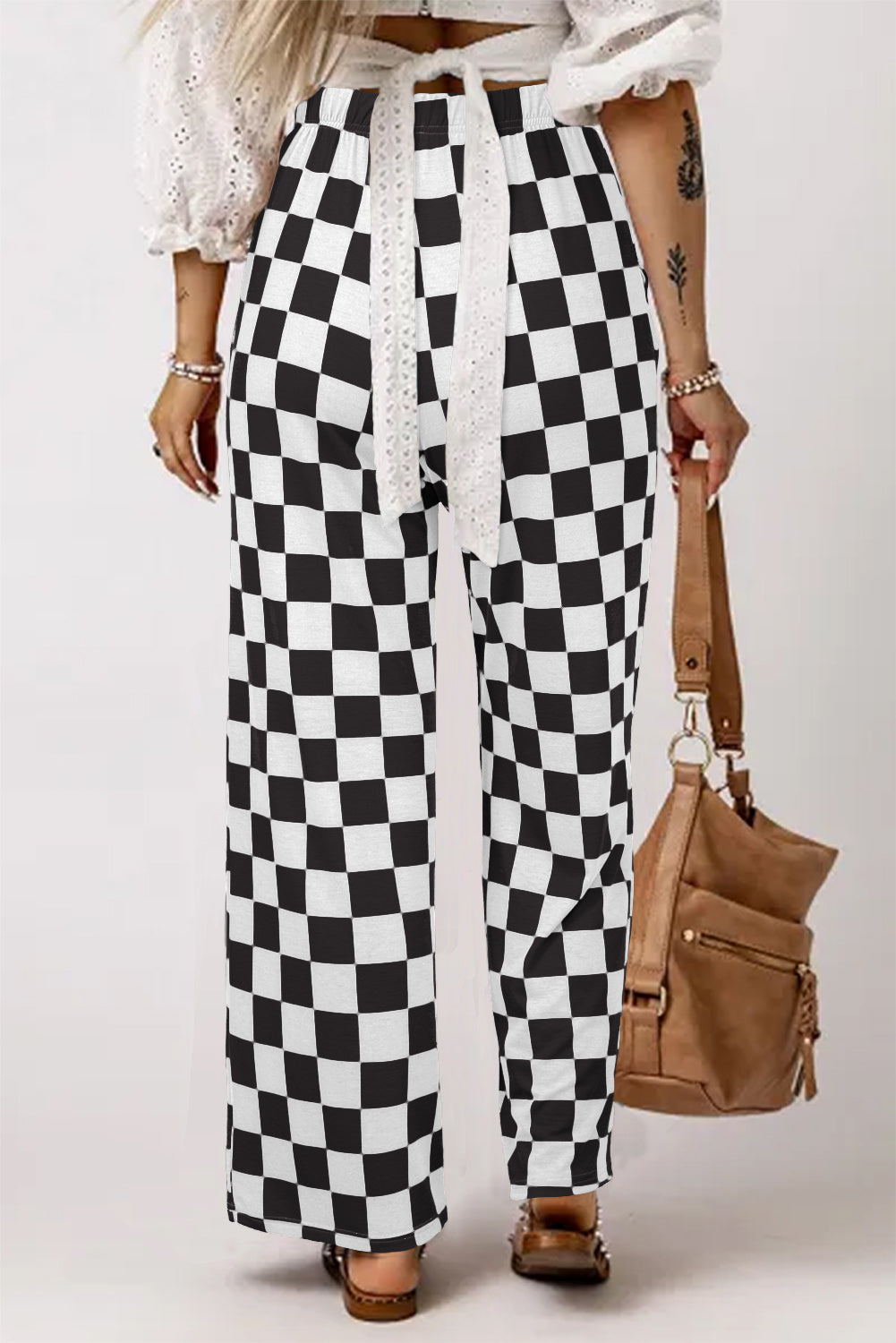 2-Tone Checked Print High Waist Wide Leg Pants Daisie Boutique