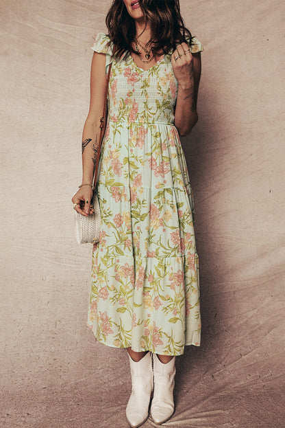 Yellow Ruffled Sleeveless Tiered Floral Maxi Dress