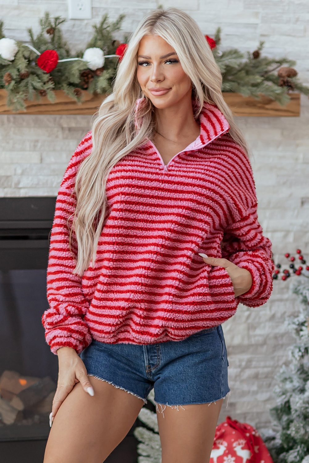 Pink Stripe Quarter Zip Fleece Oversize Sweatshirt Dear-Lover Dropshipping