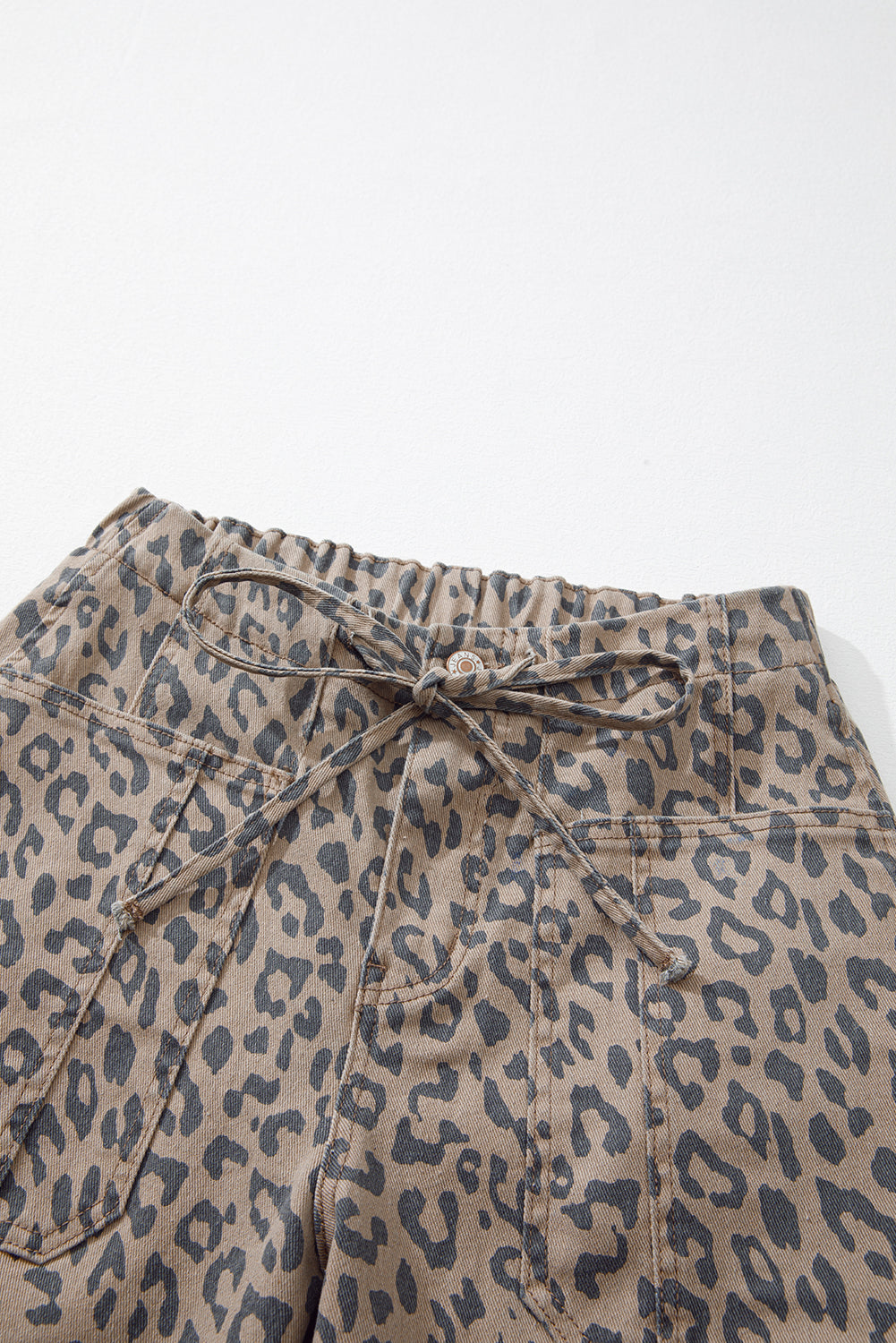 Khaki Leopard Printed Drawstring Waist Pocketed Wide Leg Jeans Daisie Boutique