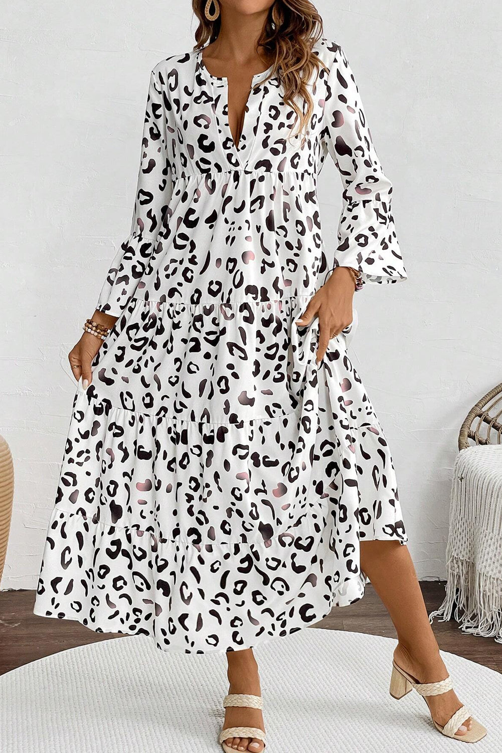 Leopard Print V Neck Loose Fit Maxi Dress - White Daisie Boutique