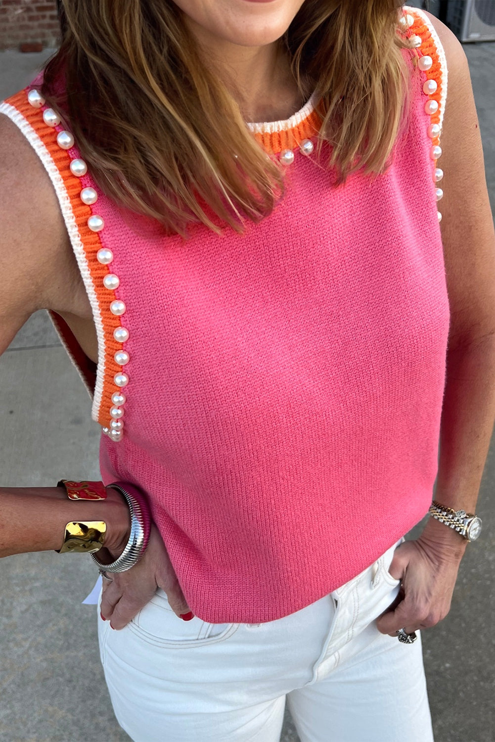 Contrast Trim Pearl Detail Sweater Tank Top - Bright Pink Daisie Boutique