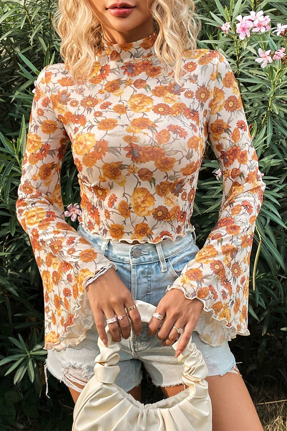 Orange Floral Printed Bell Sleeve Scallop Trim Blouse