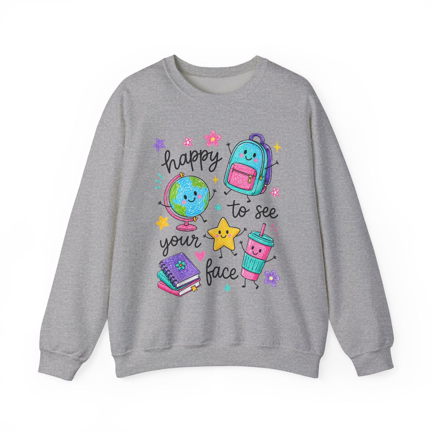 "Happy to See Your Face" Cute Kawaii School Icons Crewneck Sweatshirt