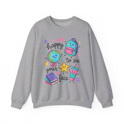 "Happy to See Your Face" Cute Kawaii School Icons Crewneck Sweatshirt