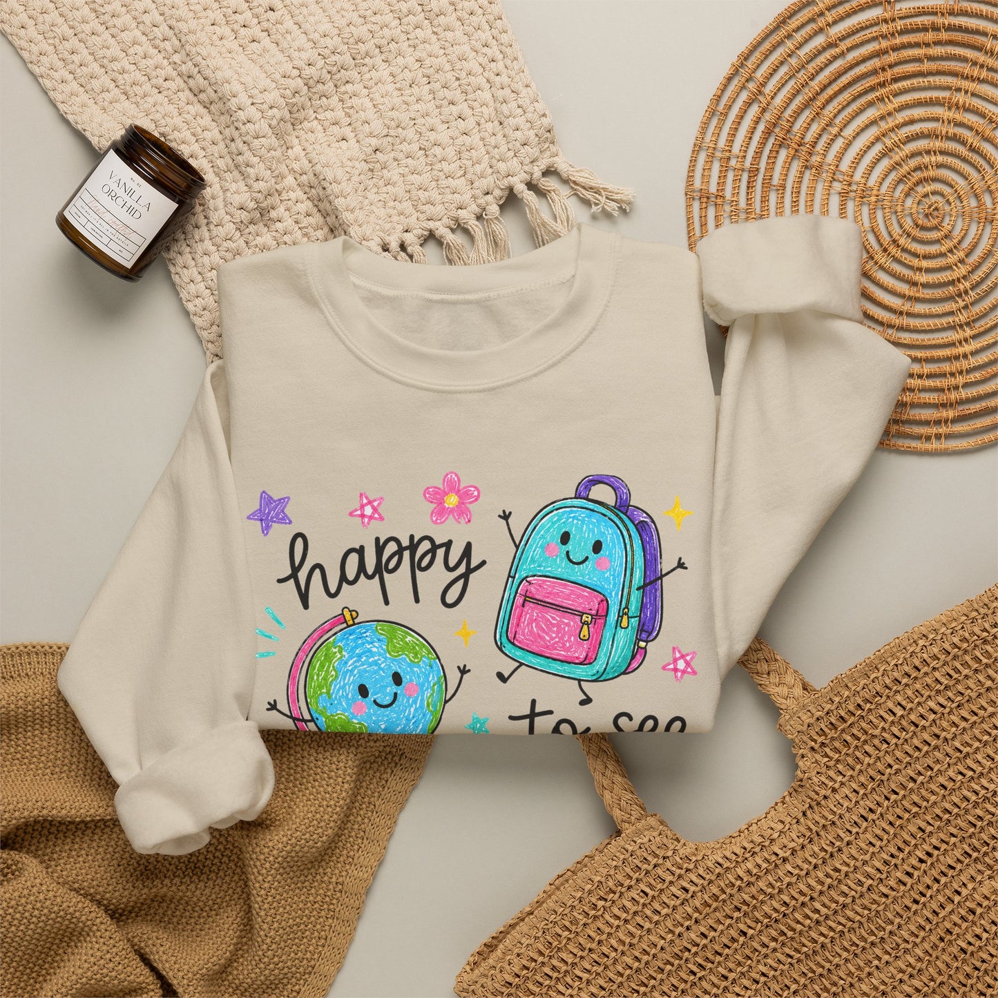 "Happy to See Your Face" Cute Kawaii School Icons Crewneck Sweatshirt