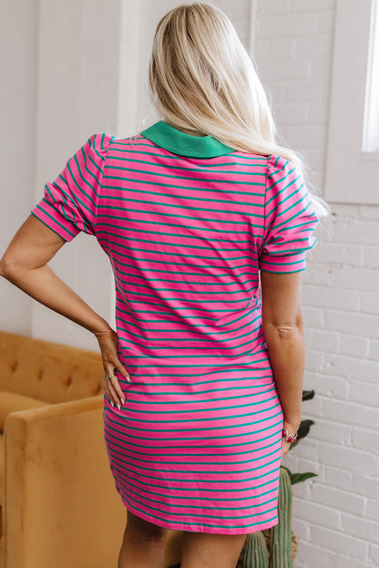 Pink Stripe Collared V Neck Puff Sleeve T Shirt Dress Daisie Boutique