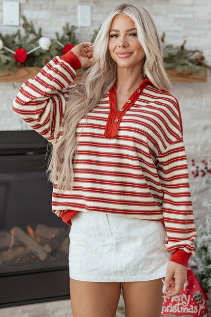 Stripe Buttoned V Neck Collared Top Daisie Boutique