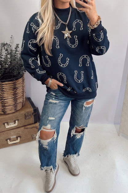 Brown Western Horseshoe Print Mock Neck Casual Pullover Sweatshirt