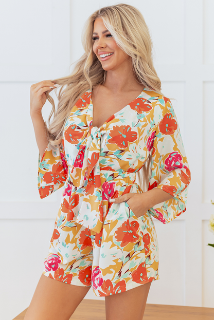 Cutie Floral Print Front Tie Romper - Orange Daisie Boutique