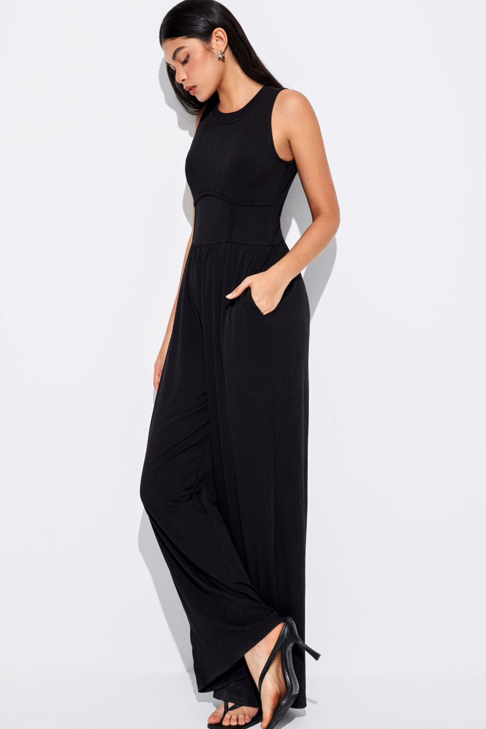 Cinched Waist Sleeveless Wide Leg Jumpsuit Daisie Boutique