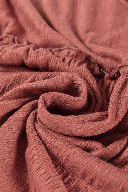 Solid Color Textured Frilled Trim V Neck Puff Sleeve Blouse
