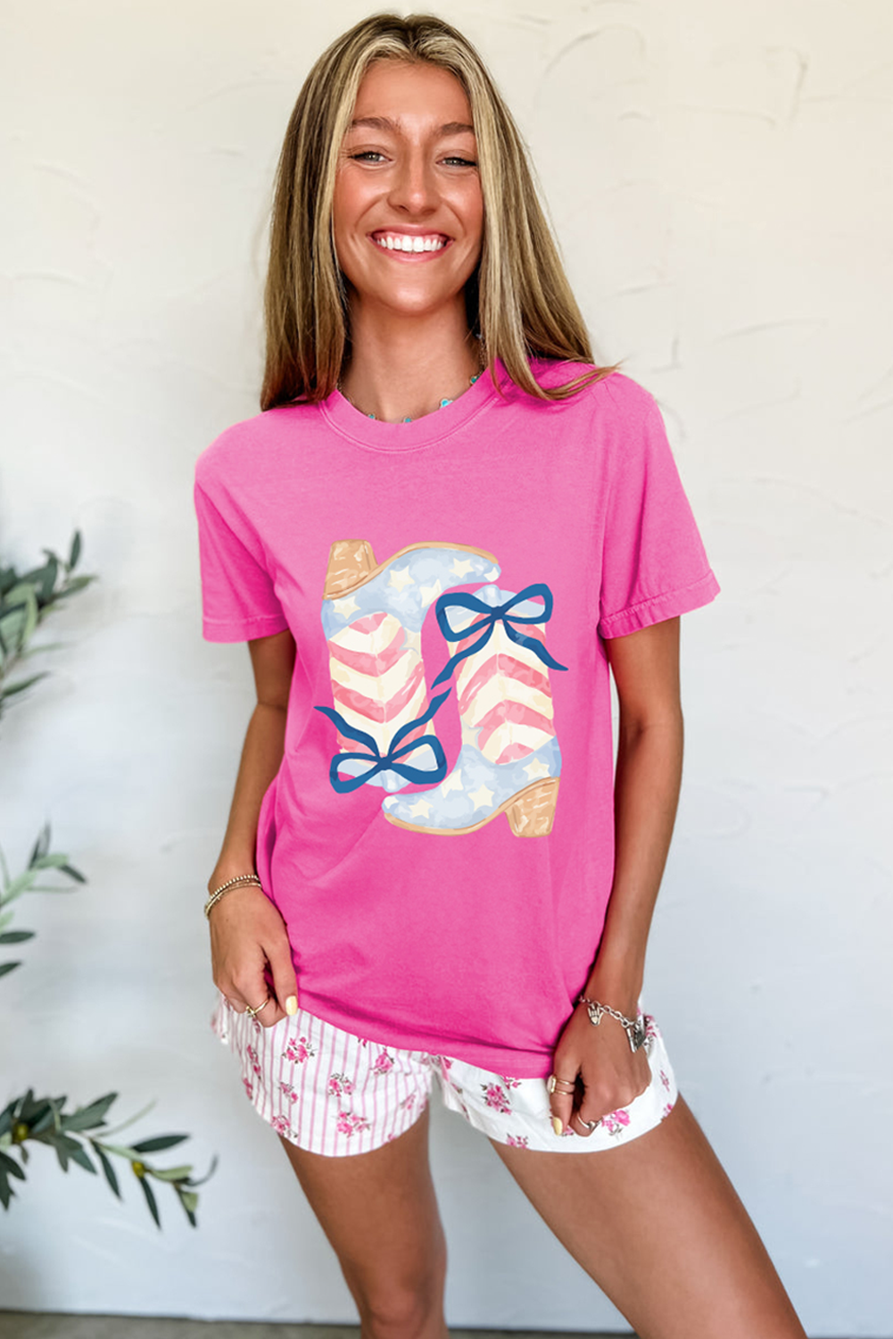 Flag Pattern Boots Bow Accent Casual Graphic Tee Daisie Boutique